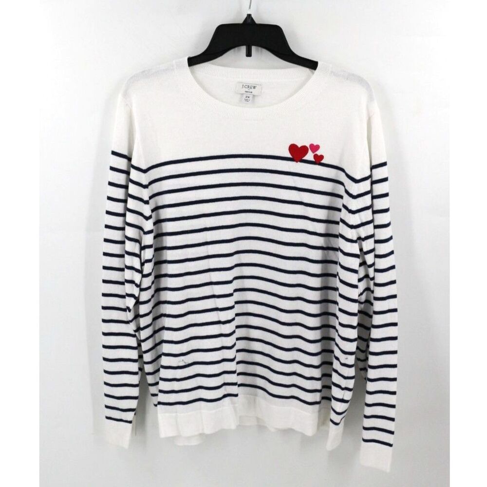 J.Crew Women Striped Heart Teddie Sweater Size 2X Embroidered 100% Cotton